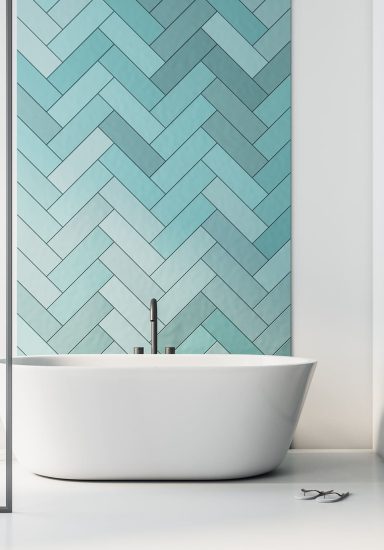 Modern turquoise bathroom interior with bathand self care products. Style and hygiene concept. Mock up. 3d rendering
