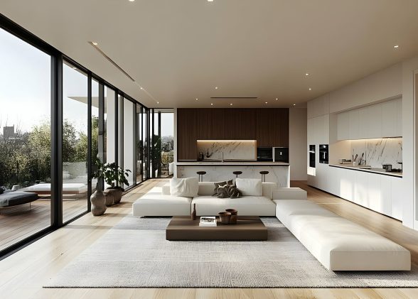 Modern Home Design: Open Floor Plan with White Couch and Large Windows