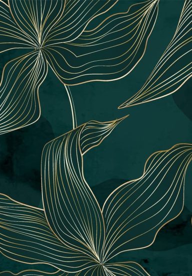 Abstract dark green background with golden exotic flowers in line art style. Hand drawn floral botanical banner for wallpaper design, decor, wall