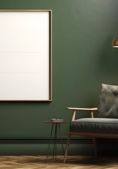 cadre vierge en bois sur un mur vert foncé, mockup