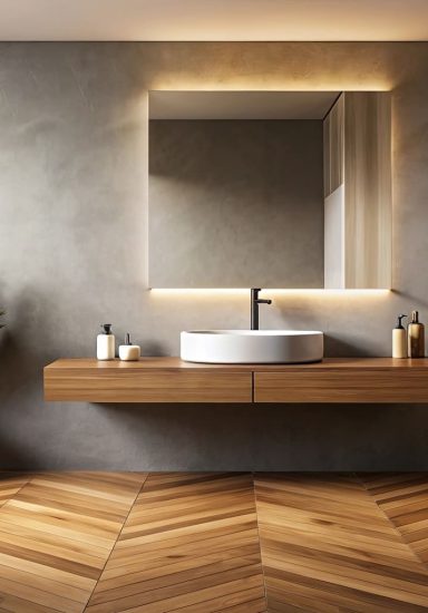 Minimalist bathroom interior with sleek sink and warm parquet flooring